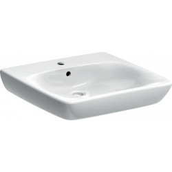 Lavabo Geberit Renova Comfort, adapté PMR, 55x55cm, troude robinetterie au centre, Blanc