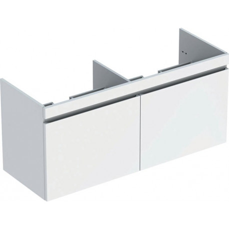 Meuble bas pour lavabo double pour meuble Geberit Renova Plan,avec deux tiroirs et deux tiroirs à l'anglaise: Largeur 129cm, Hauteur 58.5cm, Profondeur 47.3cm, Blanc / Laqué ultra-brillant