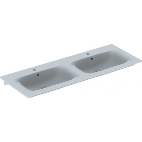 Lavabo double pour meuble Geberit Renova Plan, 130x48cm, troude robinetterie au centre, Blanc