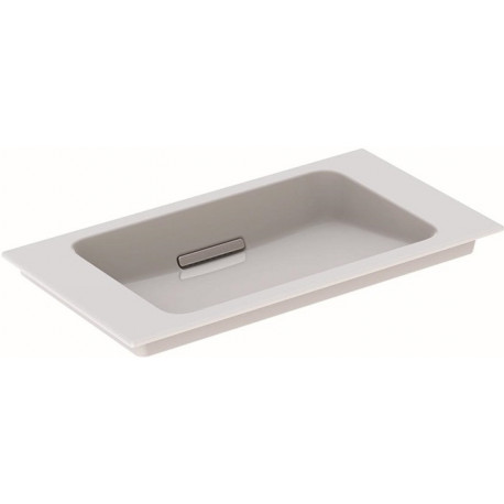 Lavabo pour meuble Geberit ONE sortie horizontale, compact, 75x40cm, sans troude robinetterie, trop-plein dissimulé, blanc, KeraTect, chromé brossé