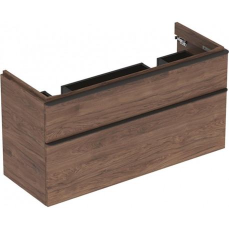 Meuble bas Geberit Smyle Square pour lavabo double,avec deux tiroirs: Largeur 118.4cm, Hauteur 61.7cm, Profondeur 47cm, Noyer Carya/mélamine structuré bois, gris velouté / thermopoudré mat