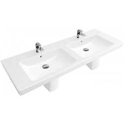 Vasques doubles, 1300 x 470 mm, Rectangulaire, pour deux robinetteries à 3 trou s, trou s de robinetterie centraux percés, avec trop-plein, En porcelaine sanitaire Blanc