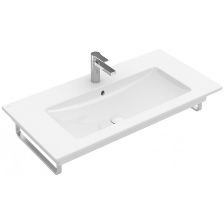 Plans de toiletteavec meuble, 1000 x 500 mm, Angulaire, pour deux robinetteries monotrou , trou s de robinetterie percés,avec trop-plein, En porcelaine sanitaire Blanc
