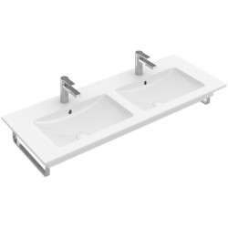 Plans de toilette doubles, 1300 x 500 mm, Angulaire, pour robinetterie murale, sans troude robinetterie,avec trop-plein, En porcelaine sanitaire Blanc CeramicPlus