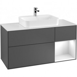 Finion, Meubles sous lavabo, 1200 x 603 x 501 mm, Angulaire,avec meuble étagère (éclairé), modèle suspendu, En bois, lavabo au milieu, éclairage LED, 1x LED / 2,3W, 2x LED / 4,2W, 2700 K à 6480 K, Glossy White Lacquer