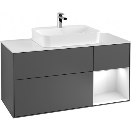 Finion, Meubles sous lavabo, 1200 x 603 x 501 mm, Angulaire,avec meuble étagère (éclairé), modèle suspendu, En bois, lavabo au milieu, éclairage LED, 1x LED / 2,3W, 2700 K à 6480 K, Glossy White Lacquer