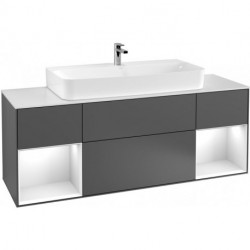 Finion, Meubles sous lavabo, 1600 x 603 x 501 mm, Angulaire,avec meuble étagère (éclairé), modèle suspendu, En bois, lavabo au milieu, éclairage LED, 2x LED / 2,3W, 2700 K à 6480 K, Glossy White Lacquer