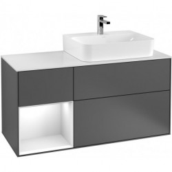 Finion, Meubles sous lavabo, 1200 x 603 x 501 mm, Angulaire,avec meuble étagère (éclairé), modèle suspendu, En bois, lavabo à droite, éclairage LED, 1x LED / 2,3W, 2x LED / 4,2W, 2700 K à 6480 K, Glossy White Lacquer