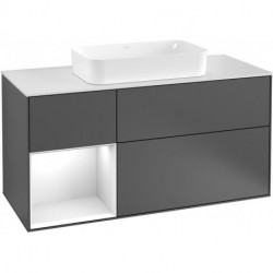Finion, Meubles sous lavabo, 1200 x 603 x 501 mm, Angulaire,avec meuble étagère (éclairé), modèle suspendu, En bois, lavabo au milieu, éclairage LED, 1x LED / 2,3W, 2x LED / 4,2W, 2700 K à 6480 K, Glossy White Lacquer