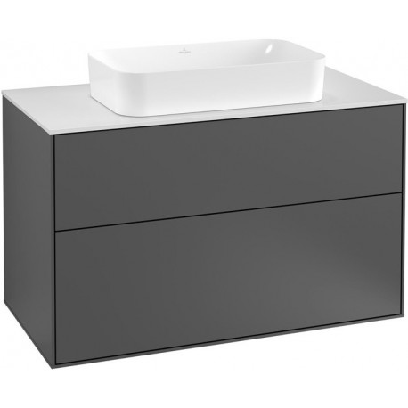 Finion, Meubles sous lavabo, 1000 x 603 x 501 mm, Angulaire,avec troude robinetterie, modèle suspendu, En bois, lavabo au milieu, Glossy White Lacquer