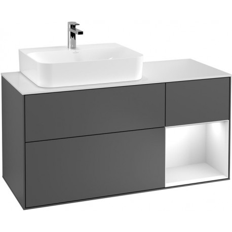 Finion, Meubles sous lavabo, 1200 x 603 x 501 mm, Angulaire,avec meuble étagère (éclairé), modèle suspendu, En bois, lavabo à gauche, éclairage LED, 1x LED / 2,3W, 2x LED / 4,2W, 2700 K à 6480 K, Glossy White Lacquer
