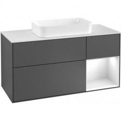Finion, Meubles sous lavabo, 1200 x 603 x 501 mm, Angulaire,avec meuble étagère (éclairé), modèle suspendu, En bois, lavabo au milieu, éclairage LED, 1x LED / 2,3W, 2700 K à 6480 K, Glossy White Lacquer
