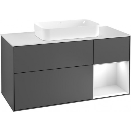 Finion, Meubles sous lavabo, 1200 x 603 x 501 mm, Angulaire,avec meuble étagère (éclairé), modèle suspendu, En bois, lavabo au milieu, éclairage LED, 1x LED / 2,3W, 2700 K à 6480 K, Glossy White Lacquer