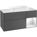 Finion, Meubles sous lavabo, 1200 x 603 x 501 mm, Angulaire,avec meuble étagère (éclairé), modèle suspendu, En bois, lavabo au milieu, éclairage LED, 1x LED / 2,3W, 2700 K à 6480 K, Glossy White Lacquer