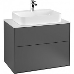 Finion, Meubles sous lavabo, 800 x 603 x 501 mm, Angulaire,avec éclairage mural, modèle suspendu, En bois, lavabo au milieu, éclairage LED, 2x LED / 4,2W, 2700 K à 6480 K, Glossy White Lacquer