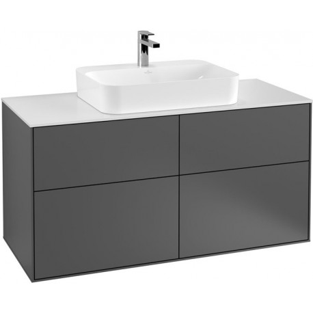 Finion, Meubles sous lavabo, 1200 x 603 x 501 mm, Angulaire,avec éclairage mural, modèle suspendu, En bois, lavabo au milieu, éclairage LED, 2x LED / 4,2W, 2700 K à 6480 K, Glossy White Lacquer