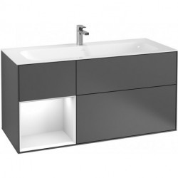 Finion, Meubles sous lavabo, 1196 x 591 x 498 mm, Angulaire,avec meuble étagère (éclairé), modèle suspendu, En bois, éclairage LED, 1x LED / 2,3W, 2x LED / 4,2W, 2700 K à 6480 K, Glossy White Lacquer
