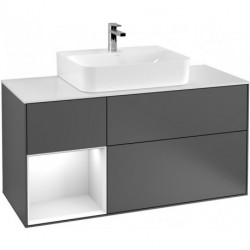 Finion, Meubles sous lavabo, 1200 x 603 x 501 mm, Angulaire,avec meuble étagère (éclairé), modèle suspendu, En bois, lavabo au milieu, éclairage LED, 1x LED / 2,3W, 2x LED / 4,2W, 2700 K à 6480 K, Glossy White Lacquer