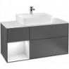 Finion, Meubles sous lavabo, 1200 x 603 x 501 mm, Angulaire,avec meuble étagère (éclairé), modèle suspendu, En bois, lavabo au milieu, éclairage LED, 1x LED / 2,3W, 2x LED / 4,2W, 2700 K à 6480 K, Glossy White Lacquer