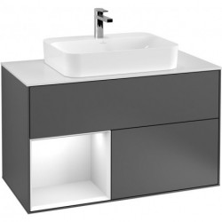 Finion, Meubles sous lavabo, 1000 x 603 x 501 mm, Angulaire,avec meuble étagère (éclairé), modèle suspendu, En bois, lavabo au milieu, éclairage LED, 1x LED / 2,3W, 2x LED / 4,2W, 2700 K à 6480 K, Glossy White Lacquer