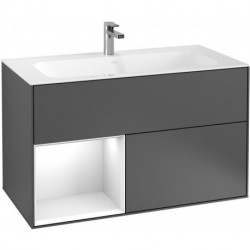 Finion, Meubles sous lavabo, 996 x 591 x 498 mm, Angulaire,avec meuble étagère (éclairé), modèle suspendu, En bois, éclairage LED, 1x LED / 2,3W, 2x LED / 4,2W, 2700 K à 6480 K, Glossy White Lacquer