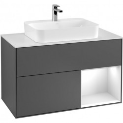 Finion, Meubles sous lavabo, 1000 x 603 x 501 mm, Angulaire,avec meuble étagère (éclairé), modèle suspendu, En bois, lavabo au milieu, éclairage LED, 1x LED / 2,3W, 2700 K à 6480 K, Glossy White Lacquer