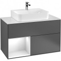 Finion, Meubles sous lavabo, 1000 x 603 x 501 mm, Angulaire,avec meuble étagère (éclairé), modèle suspendu, En bois, lavabo au milieu, éclairage LED, 1x LED / 2,3W, 2x LED / 4,2W, 2700 K à 6480 K, Glossy White Lacquer