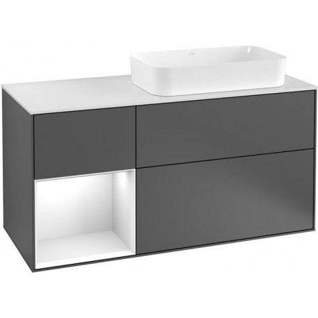 Finion, Meubles sous lavabo, 1200 x 603 x 501 mm, Angulaire,avec meuble étagère (éclairé), modèle suspendu, En bois, lavabo à droite, éclairage LED, 1x LED / 2,3W, 2700 K à 6480 K, Glossy White Lacquer