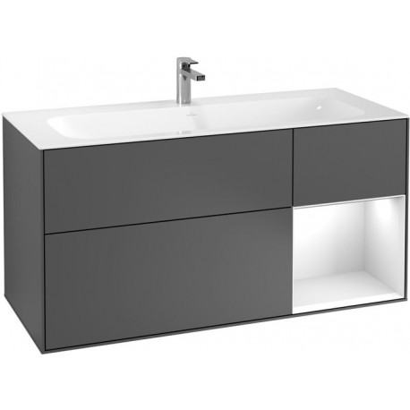 Finion, Meubles sous lavabo, 1196 x 591 x 498 mm, Angulaire,avec meuble étagère (éclairé), modèle suspendu, En bois, éclairage LED, 1x LED / 2,3W, 2700 K à 6480 K, Glossy White Lacquer