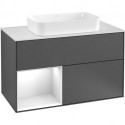 Finion, Meubles sous lavabo, 1000 x 603 x 501 mm, Angulaire,avec meuble étagère (éclairé), modèle suspendu, En bois, lavabo au milieu, éclairage LED, 1x LED / 2,3W, 2x LED / 4,2W, 2700 K à 6480 K, Glossy White Lacquer