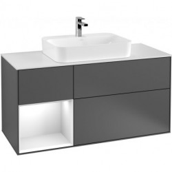 Finion, Meubles sous lavabo, 1200 x 603 x 501 mm, Angulaire,avec meuble étagère (éclairé), modèle suspendu, En bois, lavabo au milieu, éclairage LED, 1x LED / 2,3W, 2700 K à 6480 K, Glossy White Lacquer