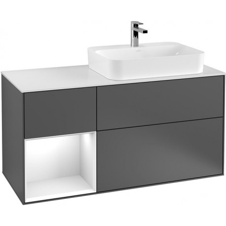 Finion, Meubles sous lavabo, 1200 x 603 x 501 mm, Angulaire,avec meuble étagère (éclairé), modèle suspendu, En bois, lavabo à droite, éclairage LED, 1x LED / 2,3W, 2x LED / 4,2W, 2700 K à 6480 K, Glossy White Lacquer