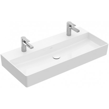 Memento 2.0, Lavabos muraux, 1000 x 470 mm, Rectangulaire, modèle meulé, pour deux robinetteries monotrou , trou s de robinetterie percés,avec trop-plein, TitanCeram