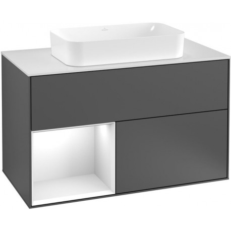 Finion, Meubles sous lavabo, 1000 x 603 x 501 mm, Angulaire,avec meuble étagère (éclairé), modèle suspendu, En bois, lavabo au milieu, éclairage LED, 1x LED / 2,3W, 2x LED / 4,2W, 2700 K à 6480 K, Glossy White Lacquer