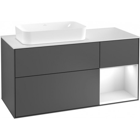 Finion, Meubles sous lavabo, 1200 x 603 x 501 mm, Angulaire,avec meuble étagère (éclairé), modèle suspendu, En bois, lavabo à gauche, éclairage LED, 1x LED / 2,3W, 2x LED / 4,2W, 2700 K à 6480 K, Glossy White Lacquer