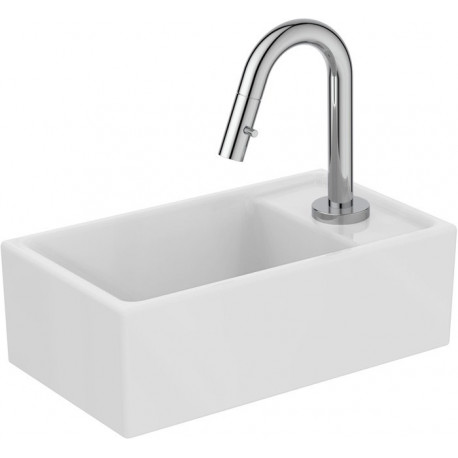 Pack lave-mains EUROVIT + / étagère IDEALSTREAM à droite, blanc et chrome avec robinetterie sur colonne IDEAL STANDARD