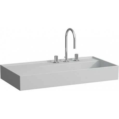 Lavabo KARTELL 900 x 460 mm, étagère à gauche sans trop-plein, 3 trous de robinetterie design gris LAUFEN