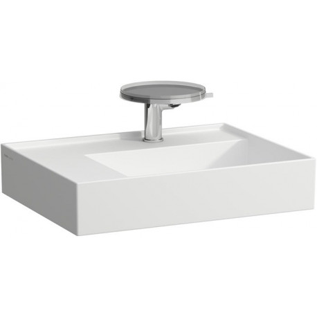 Lavabo KARTELL 600 x 460 mm, étagère à gauche sans trop-plein, 2 trous pour robinetterie, blanc mat LAUFEN