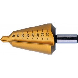 Foret perce-tôle de précision, acier rapide, revêtement TiN, Capacité de perçage : 16-30,5 mm, Taille 3, Long. totale 76 mm, Long. de la queue : 22 mm