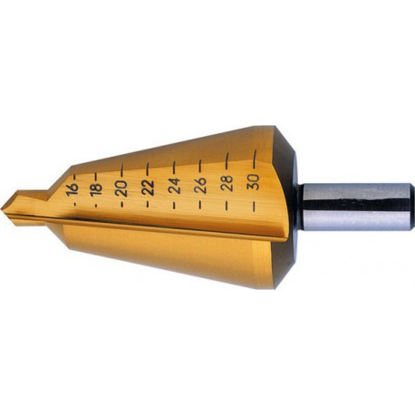 Foret perce-tôle de précision, acier rapide, revêtement TiN, Capacité de perçage : 40-61 mm, Taille 6, Long. totale 103 mm, Long. de la queue : 30 mm