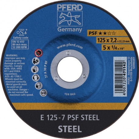 Meule à ébarber PSF STEEL D125xép.7.2 mm contre-coudé acier perçage 22.23 mm PFE (Par 10)