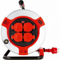 Enrouleur de câble 25m acier IP44 4-sorties acier rouge H07RN-F 3G1,5 