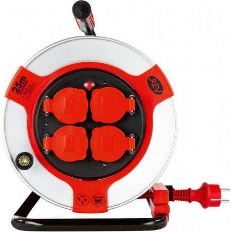 Enrouleur de câble 25m acier IP44 4-sorties acier rouge H07RN-F 3G1,5 