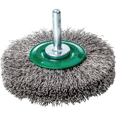 Brosse plate D. 80 mm tige 6 mm épaiss. de fil 0.3 mm acier inoxydable 19 mm 15 