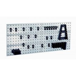 Jeu de crochets à outils avec panneaux perforés Panneau mural à outils x 2 + 28 clips 2 panneaux perforés avec 28 crochets à outils assortis L.1040xH.440mm RAACO