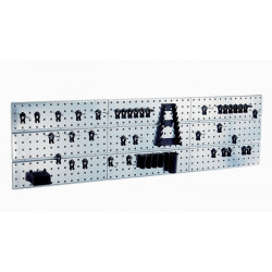 Jeu de crochets à outils avec panneaux perforés Panneau mural à outils x 3 + 44 clips 3 panneaux perforés avec 44 crochets à outils assortis L.1560xH.440mm RAACO