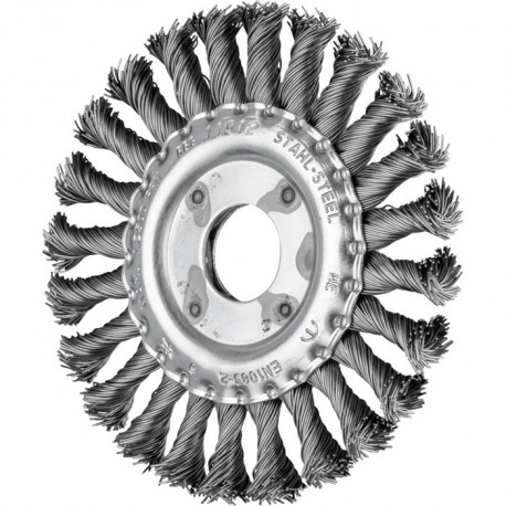 Brosse plate RBG 11512/22,2 ST 0,50 D. 115 mm épaisseur de fil 0,5 mm acier 12 mm 12500 min-¹ Vitesse de rotation maxi. 12500 min-¹ PFERD