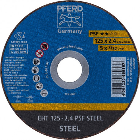Disque à tronçonner PSF STEEL D125x24 mm droit acier perçage 22,23 mm PFERD (Par 25)