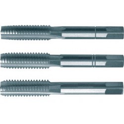Jeu de tarauds à main, filetage régulier ISO métrique, 3 unités, Filetage : M1,2, Pas 0,25 mm, Long. totale 32 mm, queue Ø 2,5 mm