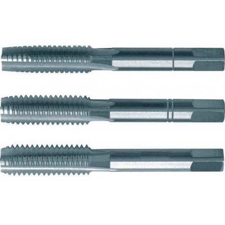 Jeu de tarauds à main, filetage régulier ISO métrique, 3 unités, Filetage : M1,2, Pas 0,25 mm, Long. totale 32 mm, queue Ø 2,5 mm